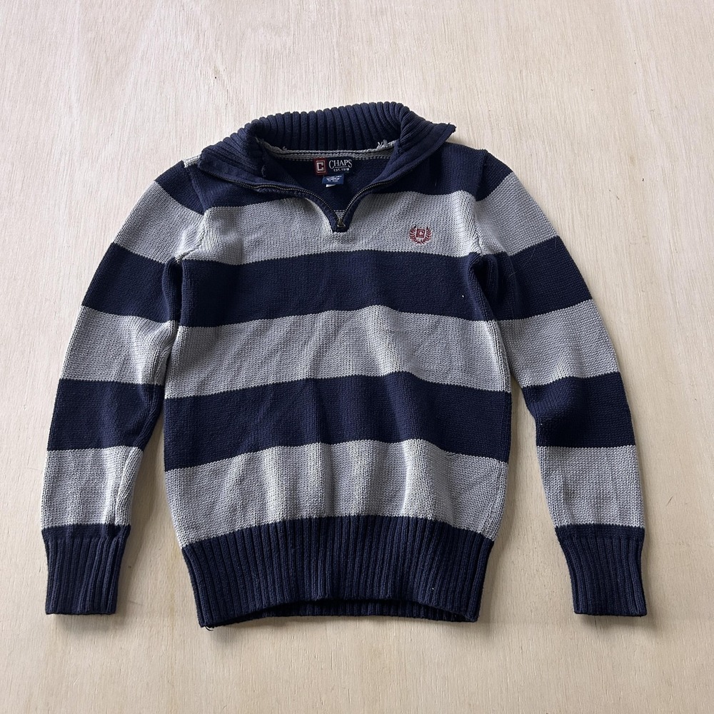 Chaps Sweater Boys 10-12 Blue Gray Striped Cotton 1/4 Zip Mock Neck Pullover